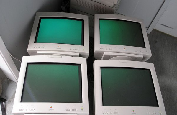 old blocky computers, flat and green on screen