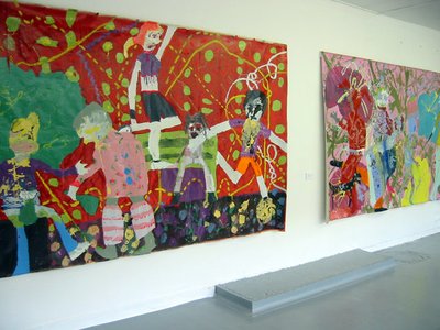large colourful paintings perople moving vigrously, red