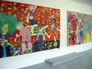 large colourful paintings perople moving vigrously, red