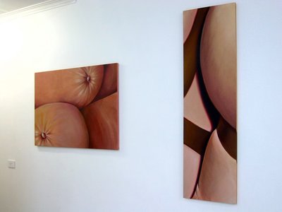 two paintings fruit and circular beige shapes