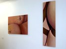 two paintings fruit and circular beige shapes