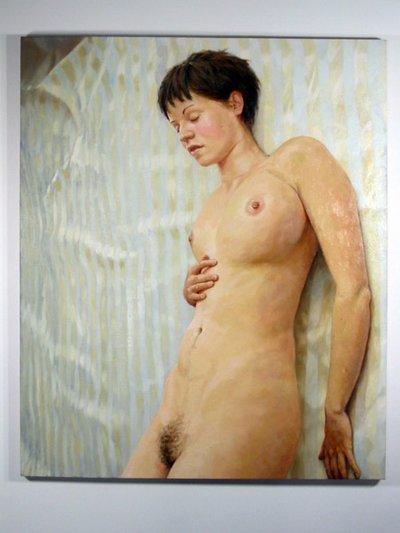nude painting of a woman with short hair holding her side, looking pensive
