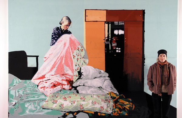 large painting lifesize woman with pink, purple pastel fabrics