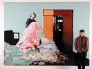 large painting lifesize woman with pink, purple pastel fabrics