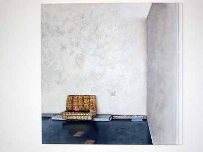 textured yellow seat in a textured grey wash room