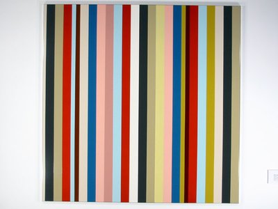 striped painting, vivacous greens, red, blue, pinks