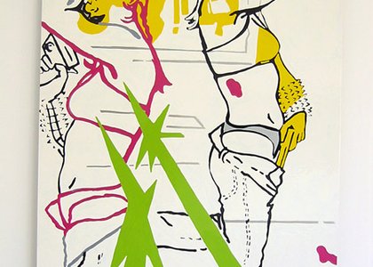 Two people on a painting, green, yellow and pink make up their outlines. They are vaguely undressing, and posed on their knees. Text and shapes surround for vibe