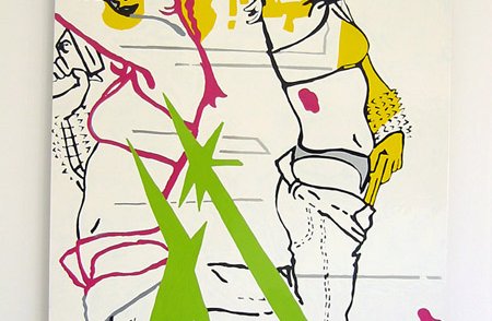 Two people on a painting, green, yellow and pink make up their outlines. They are vaguely undressing, and posed on their knees. Text and shapes surround for vibe