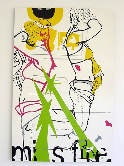 Two people on a painting, green, yellow and pink make up their outlines. They are vaguely undressing, and posed on their knees. Text and shapes surround for vibe
