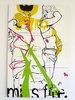 Two people on a painting, green, yellow and pink make up their outlines. They are vaguely undressing, and posed on their knees. Text and shapes surround for vibe
