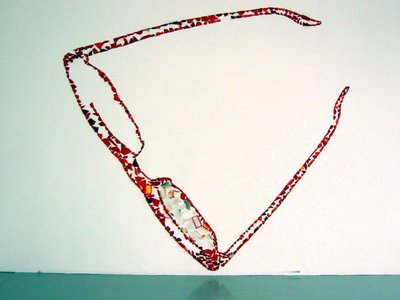 glasses in red and made up from materials, large on the wall