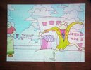 cartoon, whimsy characters with cute eyes. Soft blue sky, clouds and characters