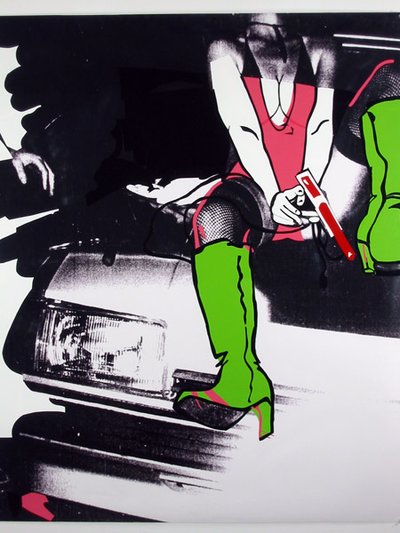 painting with green high boots, a person jumping in them. Black, white and pink.