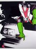 painting with green high boots, a person jumping in them. Black, white and pink.
