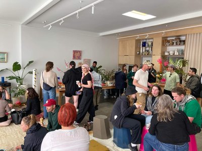 beautiful space and people smiling. Proudly wearing keffiyeh